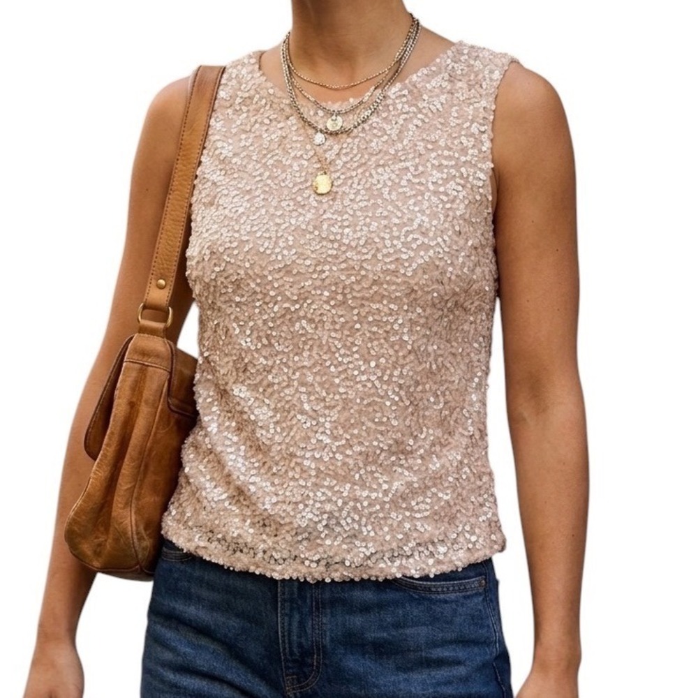 Express Womens Sequin Front Sleeveless Top Blush Pink Champagne Size L NEW